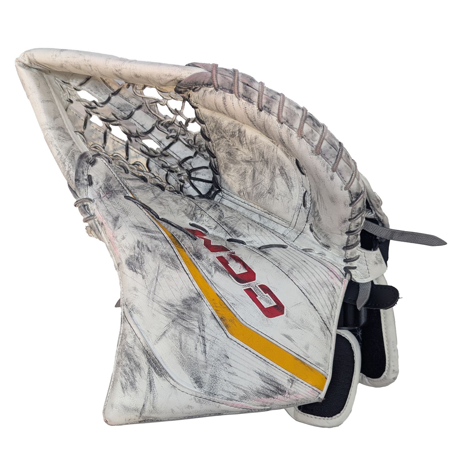 CCM Extreme Flex 6 - Used AHL Pro Stock Goalie Glove (White/Yellow/Red)